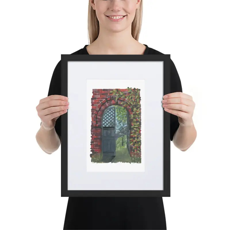 Woman showcasing a Framed Poster of a Secret Door printed on matte paper with vibrant colours