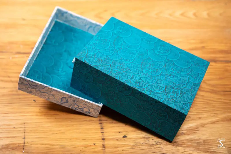 Teal decorative gift box with ornate lid made of Nepalese Lokta paper, handmade keepsake box