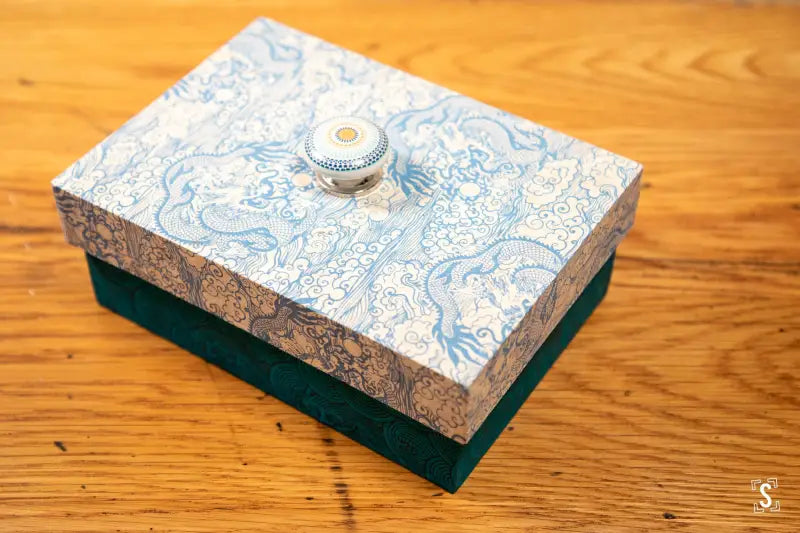 Decorative Handmade Keepsake Box featuring Blue Dragon and Waves Lokta Paper Lid