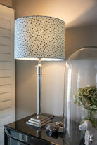 Table lamp with polka-dotted shade at Lampshade Making Workshop September 14, 2024