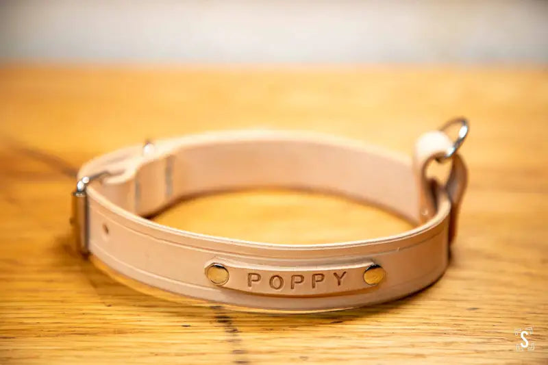 Pink leather pet collar with POPPY engraving at Leathercraft Workshop for safety policy