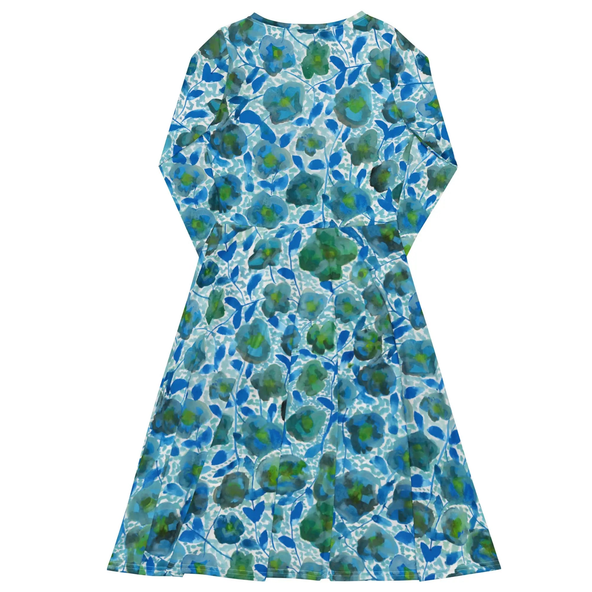 Blue and green flower print midi dress with long sleeves