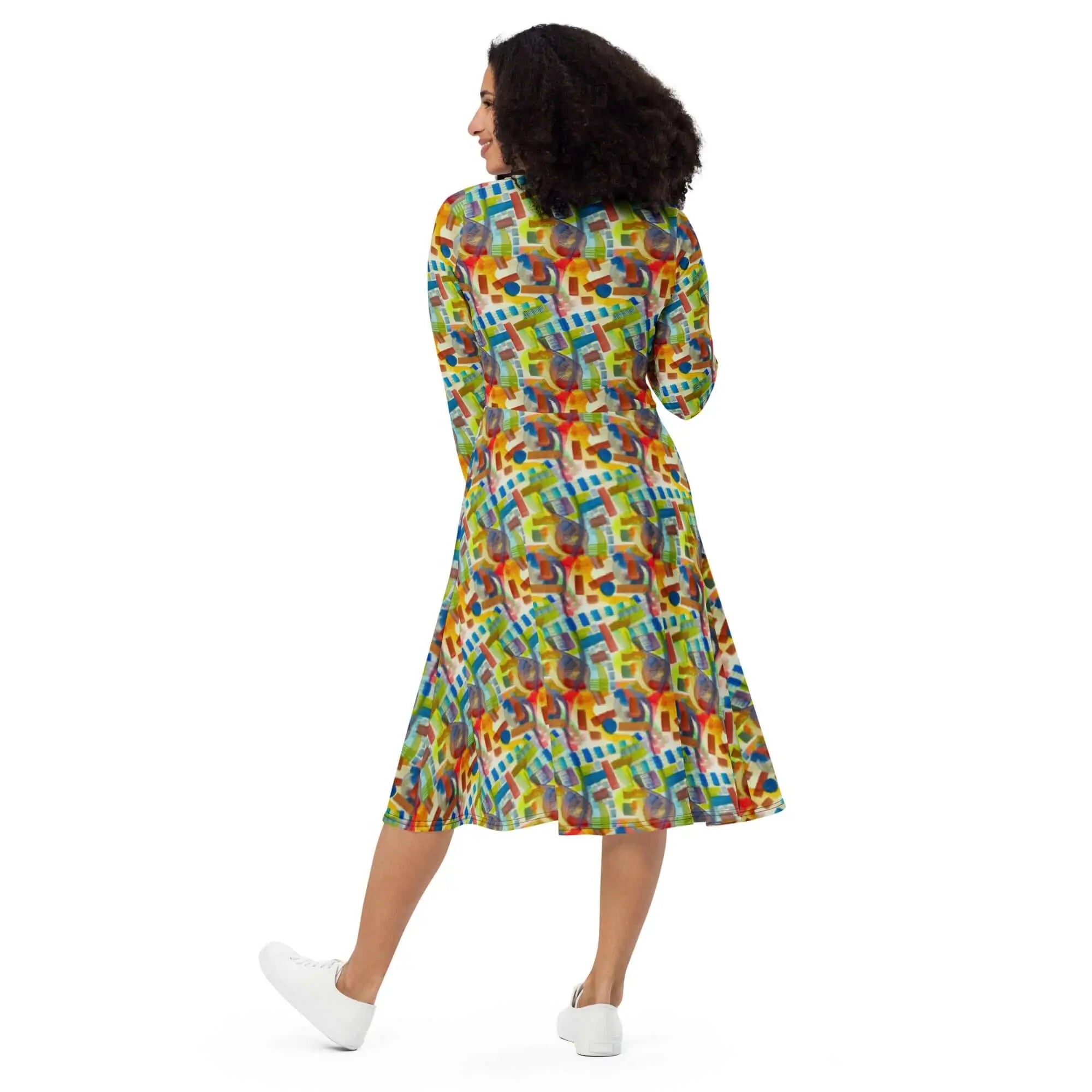 Colorful midi dress with woman in white shoes - Long Sleeve Midi Dress | Vibrant Abstract