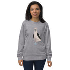 Organic Cotton Sweatshirt featuring woman wearing grey sweatshirt with black and white bird design on back, product named Booby