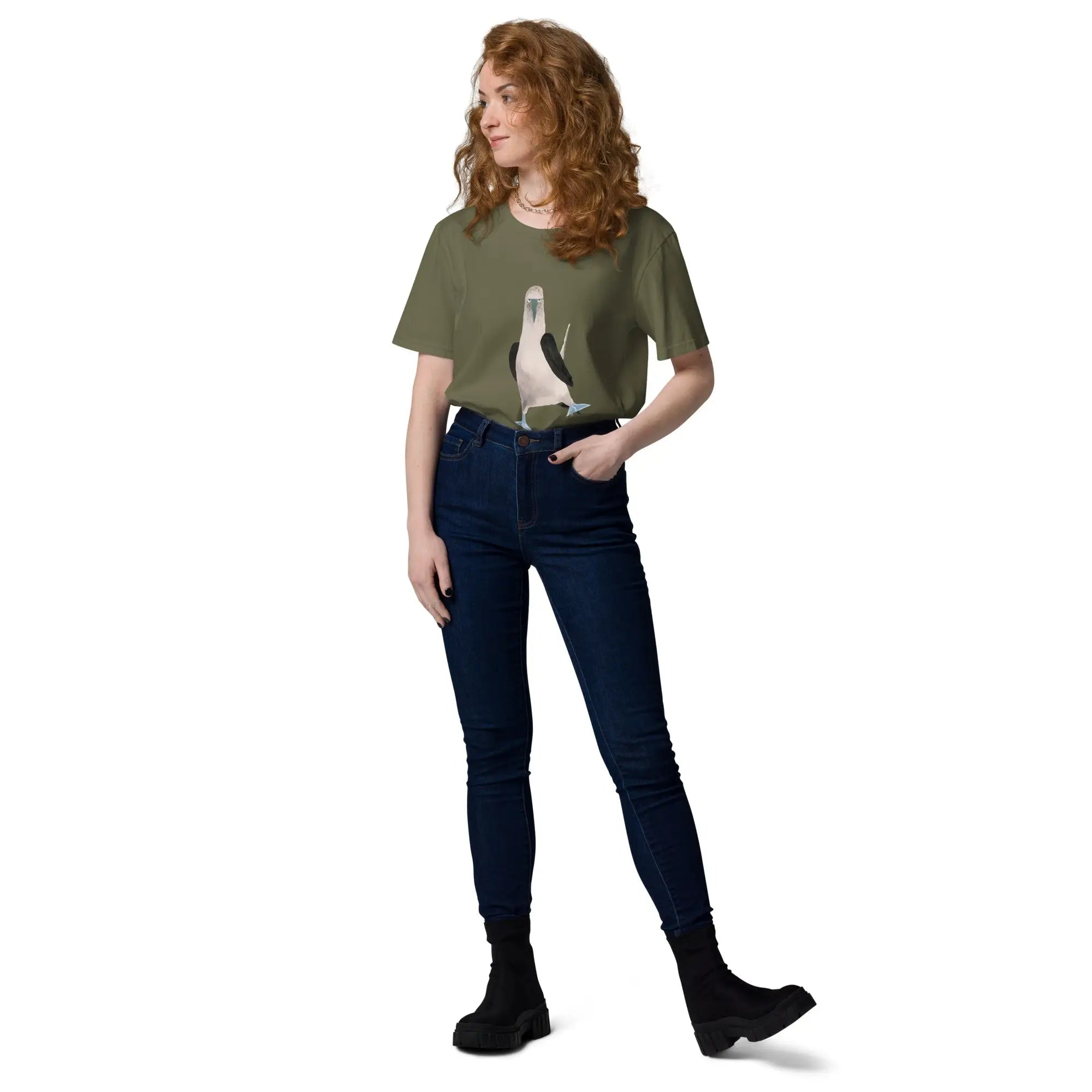 Organic Cotton T-Shirt by Booby - Woman in Green Shirt and Jeans