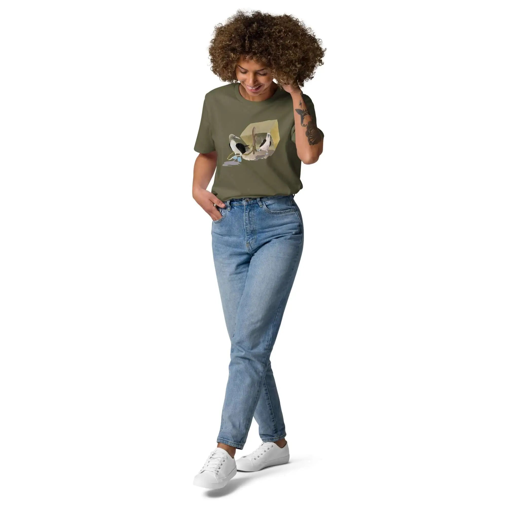 Organic Cotton T-Shirt | Booby Trap: Woman in green shirt and jeans