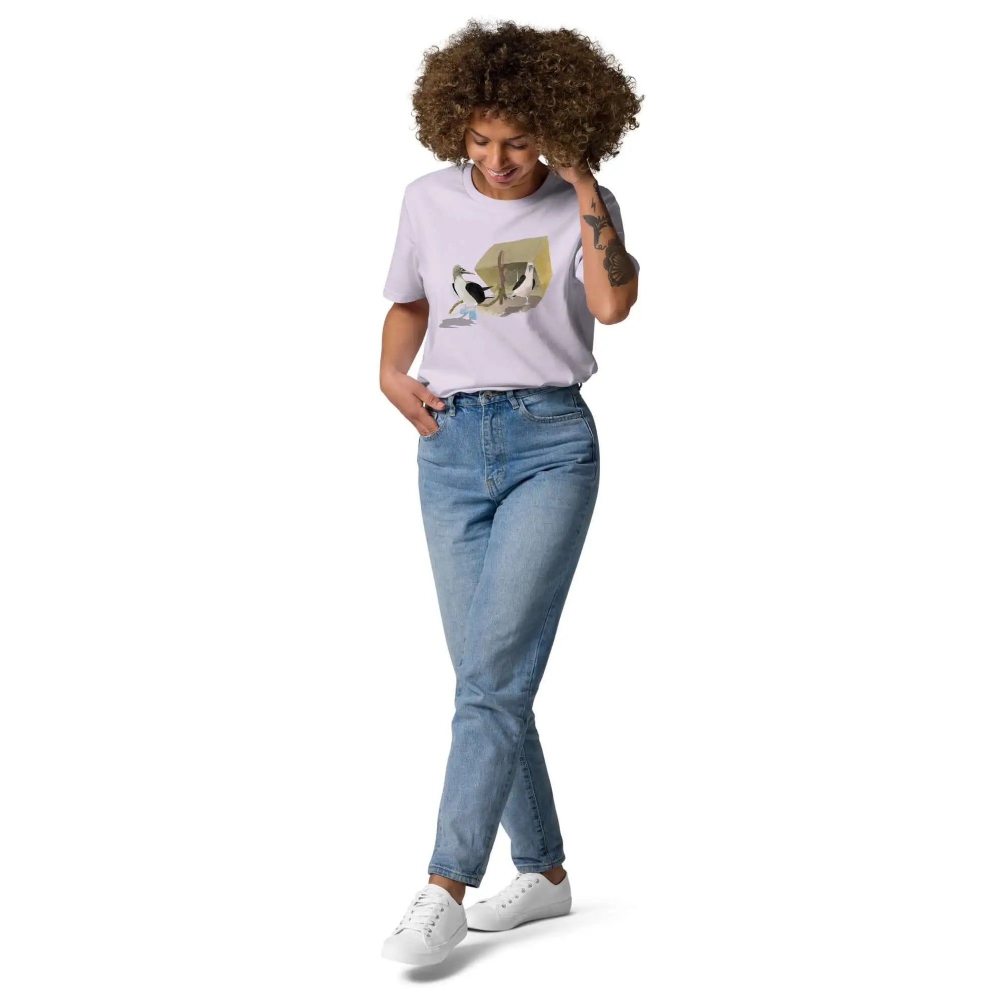 Organic Cotton T-Shirt by Booby Trap featuring a woman in white tee and jeans
