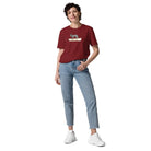 Organic Cotton T-Shirt by Donkeydog, woman in red shirt and jeans