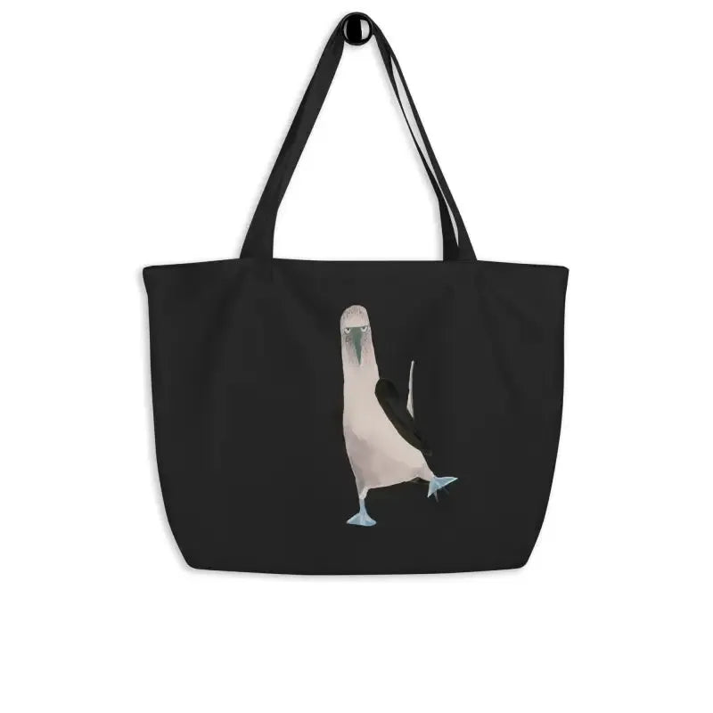 Black organic cotton tote bag featuring a white bird design, named Booby, large size