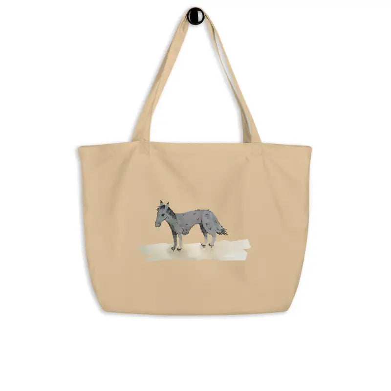 Beige organic cotton tote bag featuring a horse running on the beach