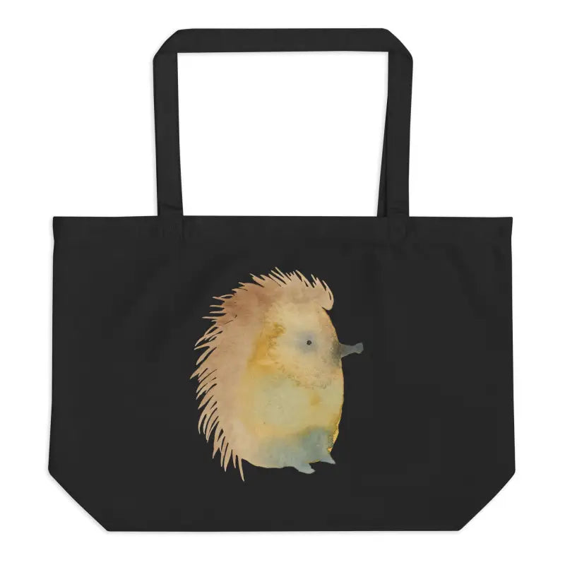 Black Organic Cotton Tote Bag with Hedgehog Illustration for Daily Essentials