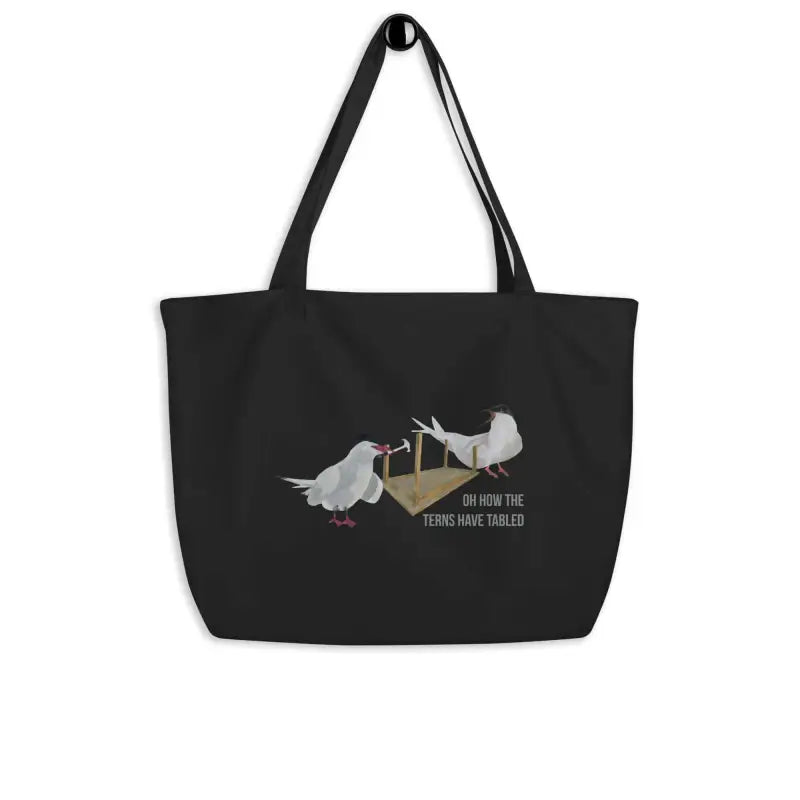 Black organic cotton tote bag featuring two birds design and text, large size