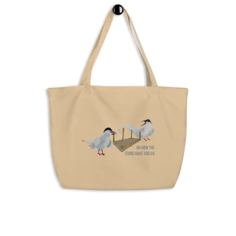 Beige organic cotton tote bag featuring two birds design for eco-conscious shoppers