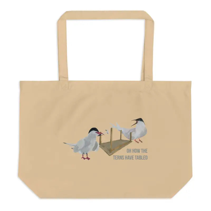 Two birds on a boat featuring text on an Organic Cotton Tote Bag design