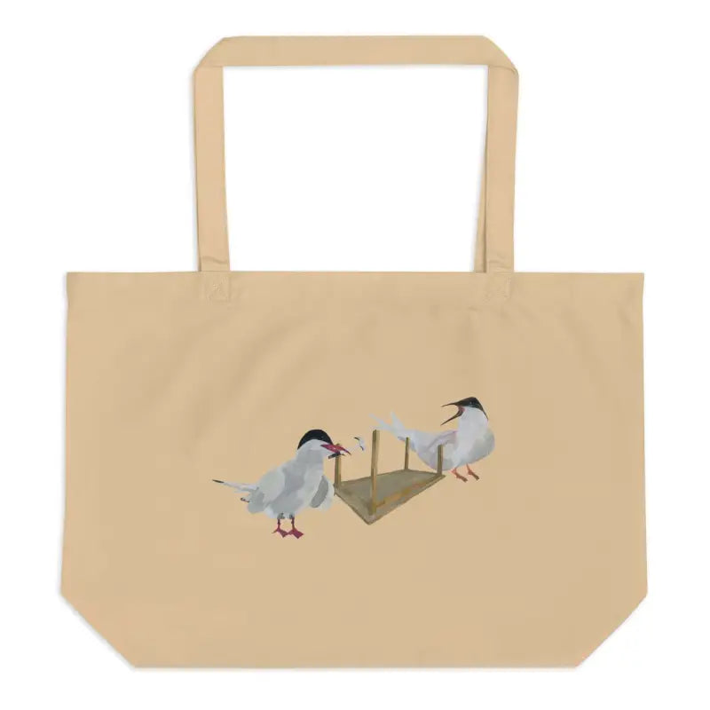 Two birds perched on a wooden box featured on an Organic Cotton Tote Bag