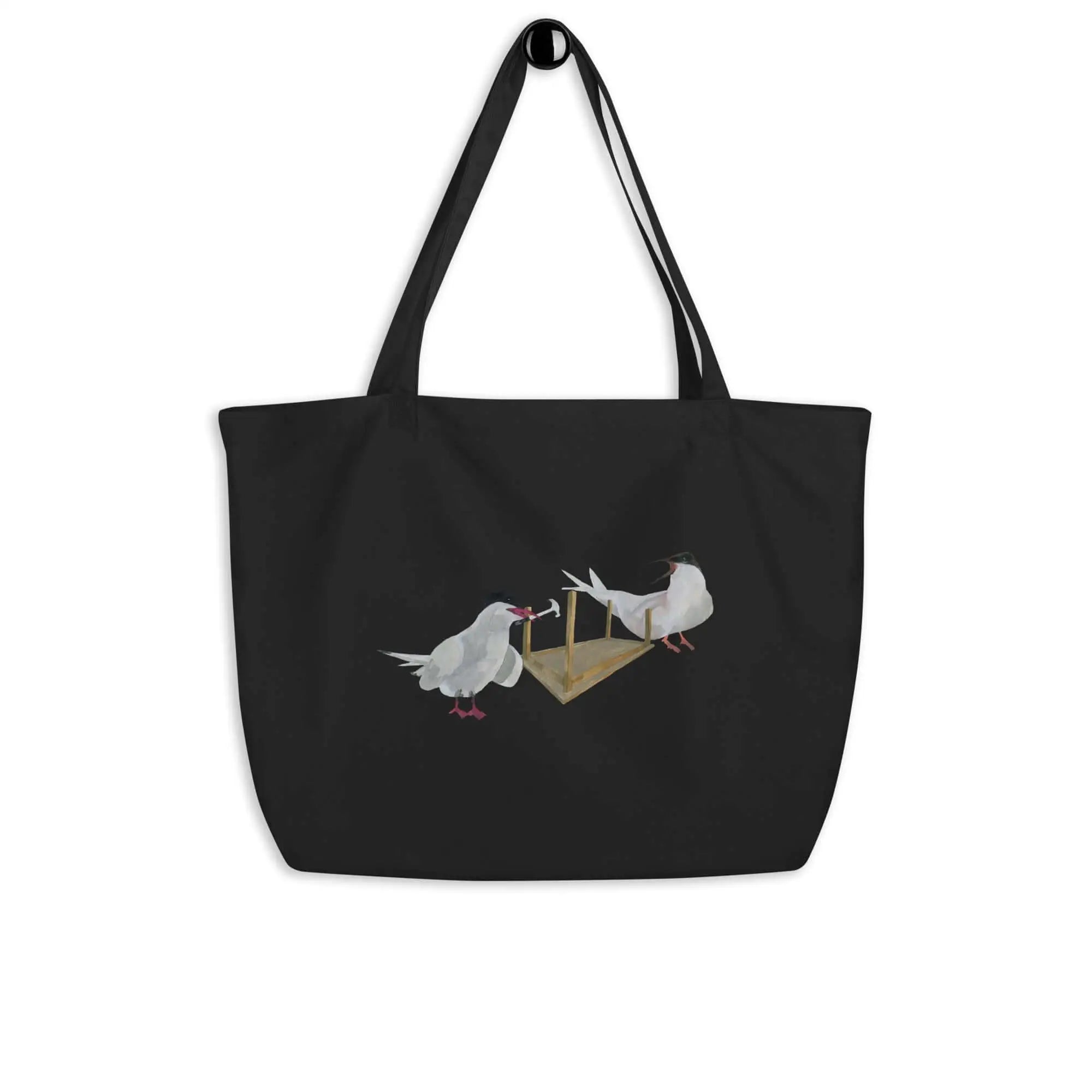 Organic Cotton Tote Bag featuring two white birds on a black background