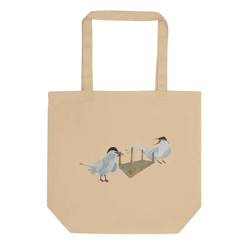 Two birds perched on a wooden post featured on an Organic Cotton Tote Bag