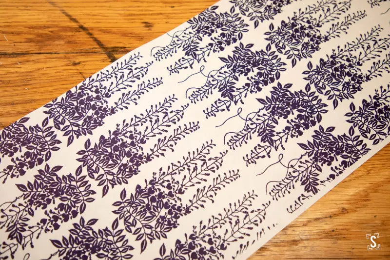 Fabric runner featuring Japanese Chiyogami hand designed purple floral prints on white