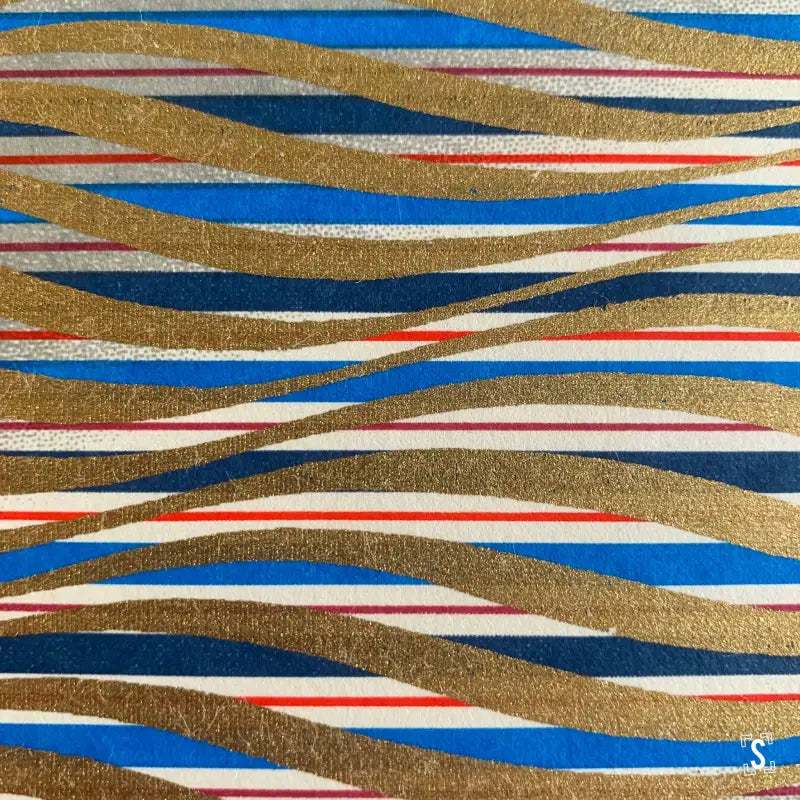 Abstract wavy stripes in gold, blue, white, and red on Japanese Chiyogami lampshade strip