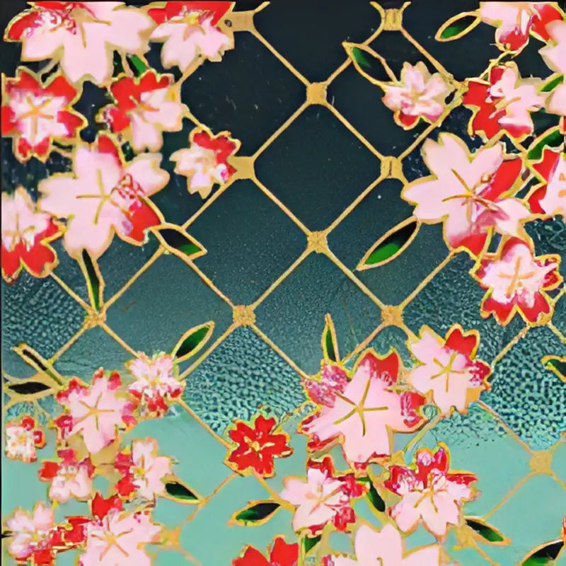 Floral pattern with pink and red blossoms on latticed background for Japanese Chiyogami prints