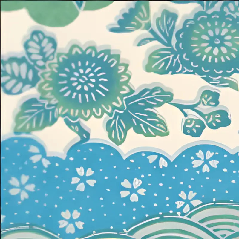 Floral pattern of hand designed Japanese Chiyogami blooms and leaves in vibrant blue and green