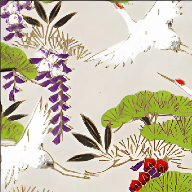 Decorative Japanese Chiyogami prints featuring cranes, wisteria flowers, and lily pads