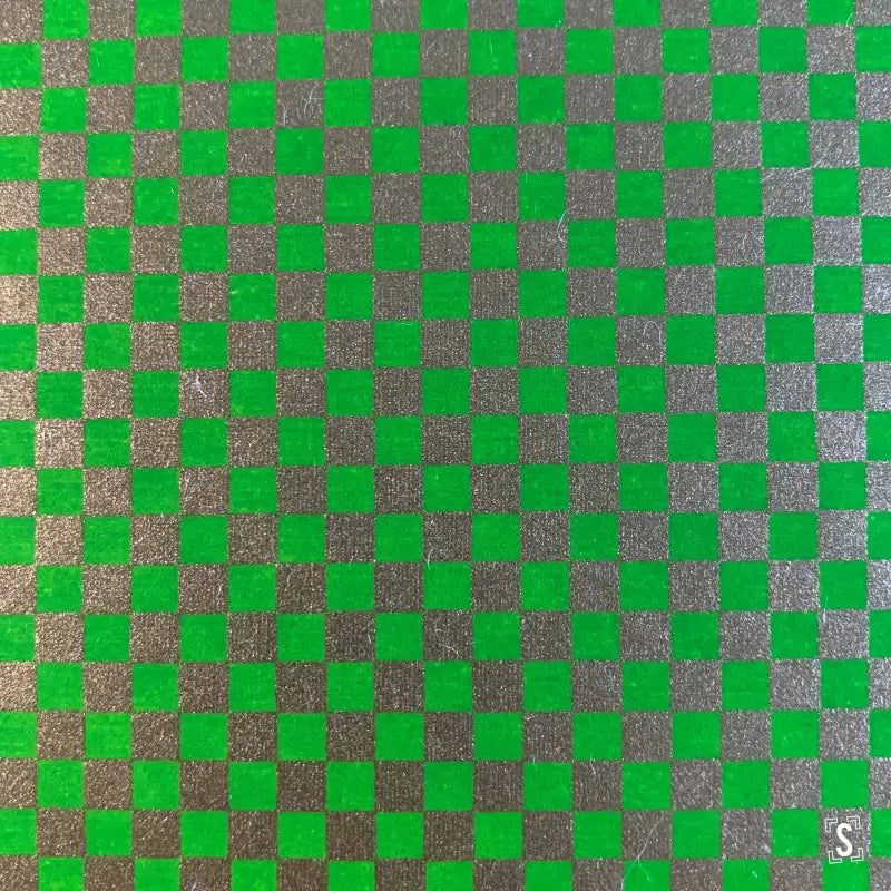 Checkerboard pattern of bright green and textured gray squares in Japanese Chiyogami design