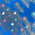 Golden Peacock Feathers with Colorful Hearts on Blue - Hand Designed Japanese Chiyogami Print