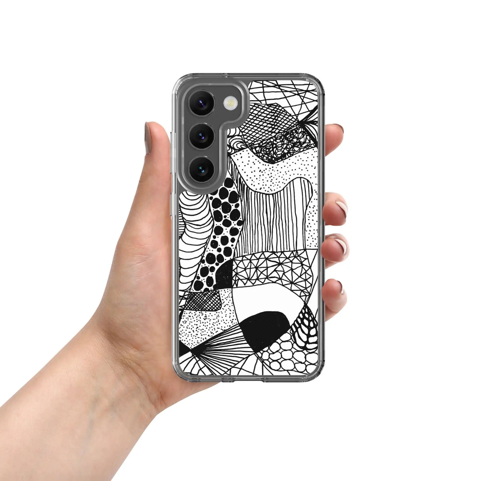 Black and white graphic Samsung case with abstract design held by hand