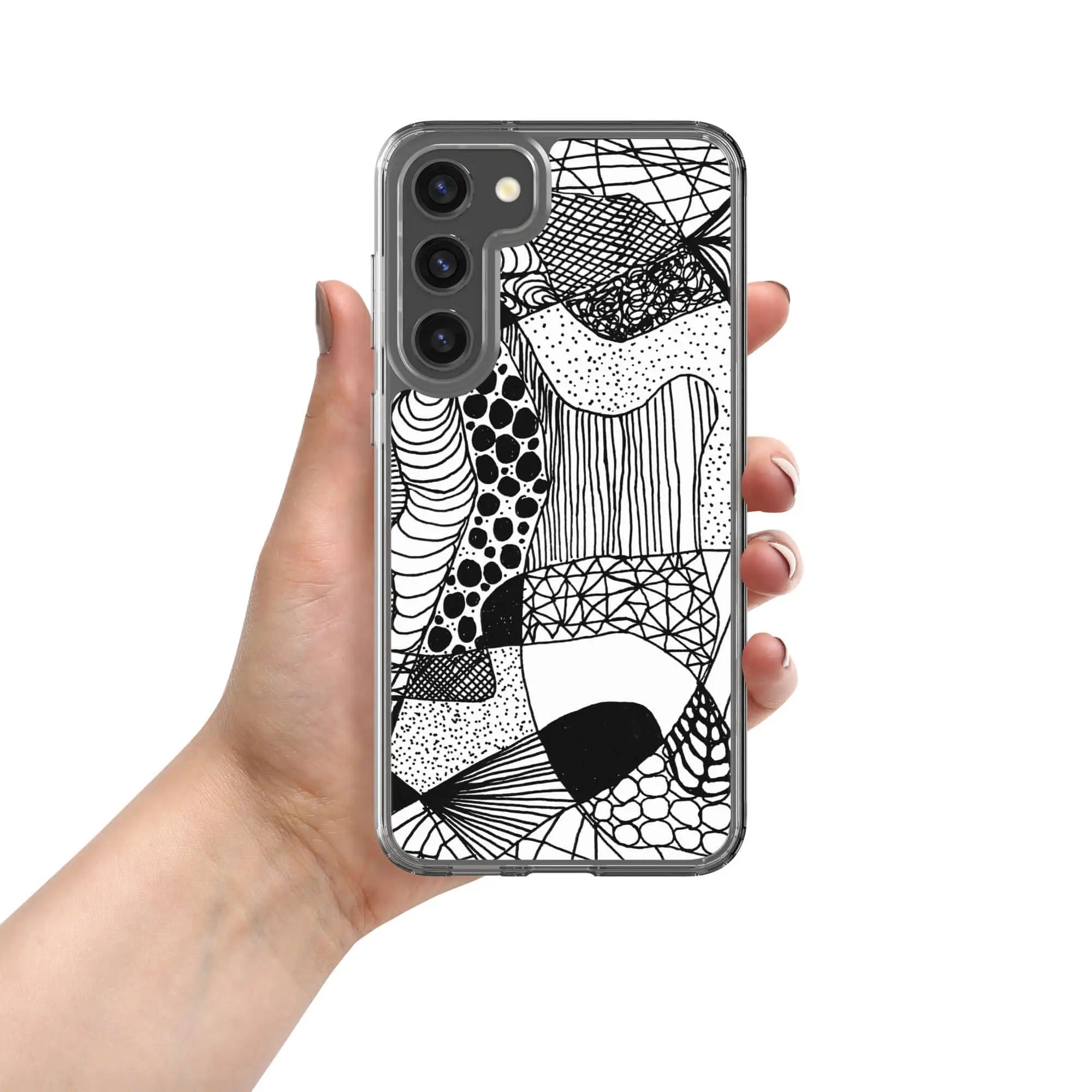 Samsung graphic abstract phone case in black and white held by hand