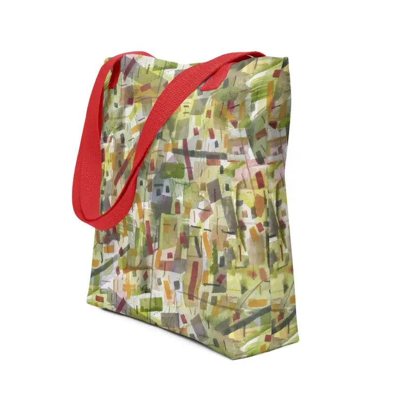 Green Abstract Tote Bag with Red Handle, Hand Designed for Stylish and Eco-Friendly Storage