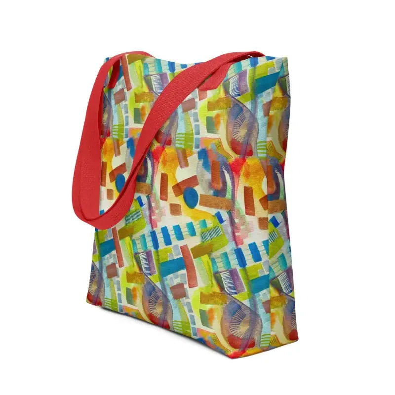 Multicolored abstract pattern tote bag, hand designed, featuring a vibrant abstract style