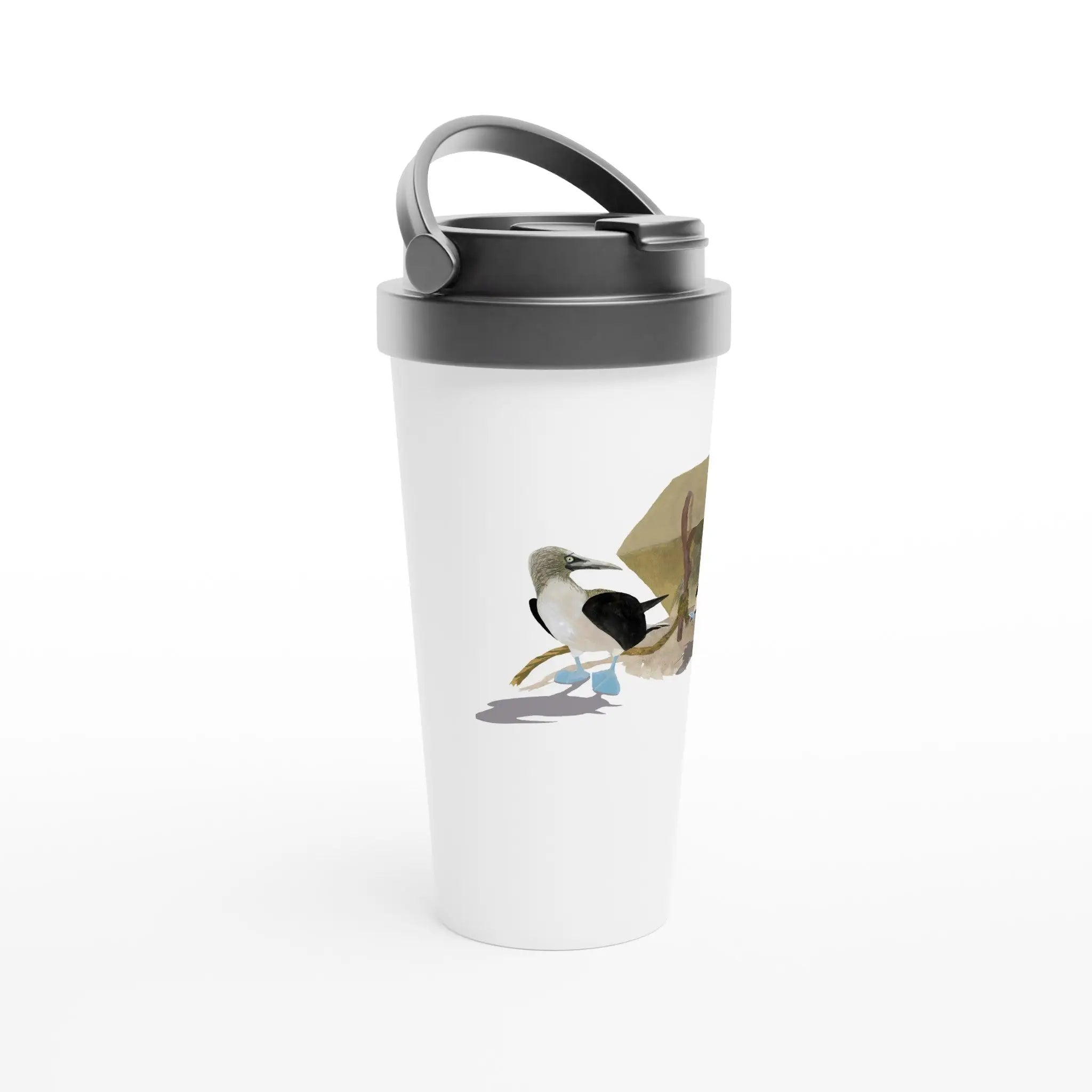 White travel mug with black handle and cartoon character from Booby Trap